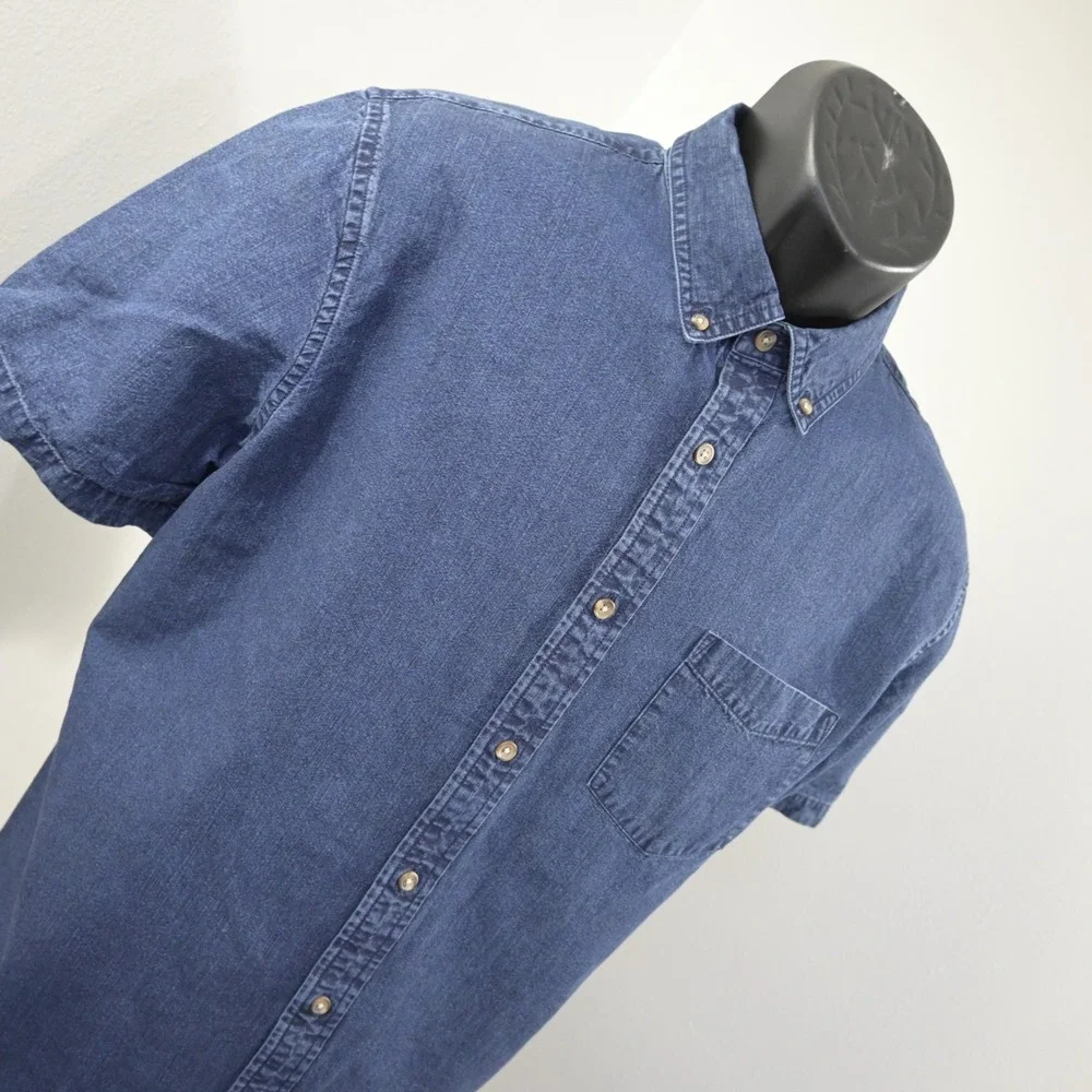 Banana Republic Button Up‎ Men L Slim Fit Blue Short Sleeve Denim Pocket Shirt